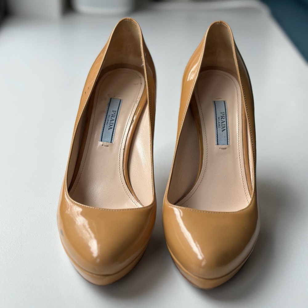 Prada tan size 37 4” heels with 0.75” platform, US size 7